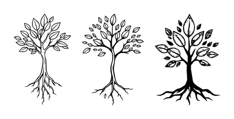 Obraz premium Tree logo set with green life tree illustration featuring roots, leaves, foliage with dynamic lines and balanced composition