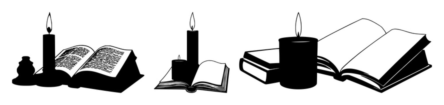 Solid black silhouette of a lit candle next to an open book, study and wisdom theme, high contrast, white background. set with simple line art design featuring sketches, drawings, vector graphics w...