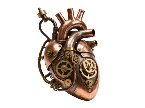 Isolated mechanical heart with brass gears and copper pipes, symbolizing love and technology