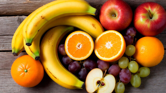 Prato com frutas frescas e coloridas sobre mesa de madeira, incluindo abacaxi cortado, bananas, ma&ccedil;&atilde;s vermelhas e laranjas inteiras e em fatias. Composi&ccedil;&atilde;o natural com ilumina&ccedil;&atilde;o suave e fundo desfoca