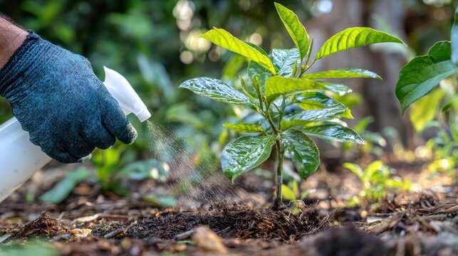 Backyard garden care: applying insecticide to a young tree and surrounding leafy plants in sunlight