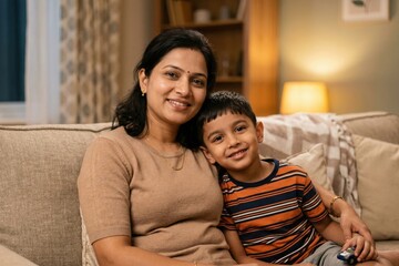 Obraz premium Indian Mother Son Evening Relaxed Home Lifestyle