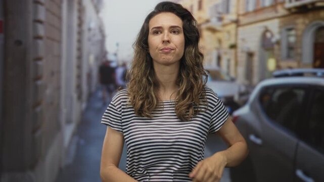 Woman biting finger on busy urban street with parked cars while looking aside under midday sunlight; anxiety.