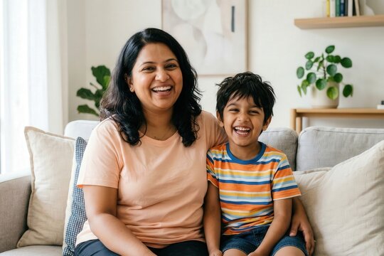 Indian Mother Son Laughing Together Home Lifestyle