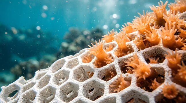 A close-up view of a coral reef with a honeycomb-like structure and vibrant orange sea anemones in the foreground, set against a blurred blue ocean background with scattered particles of debris.