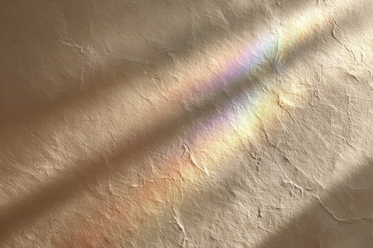 Calm beige backdrop with diagonal light beams and rainbow glare on paper texture