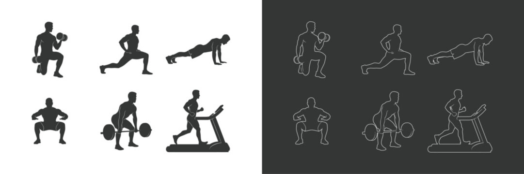 Gym Workout Silhouette Set Black and White - Male Fitness Exercise Poses Dumbbell Squat Lunge Push Up Barbell Treadmill Vector Illustration