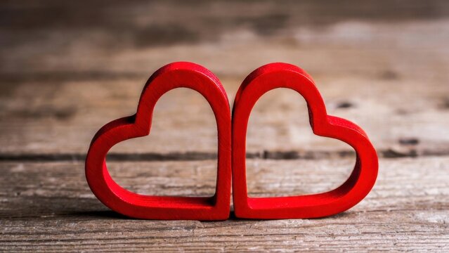 Red hearts rest on weathered wood surface