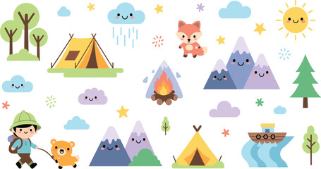Cute Camping Nature Cartoon Illustration Set with Kids Tent Mountains Animals Weather Elements Forest Adventure and Outdoor Travel Vector Design. © MdNazmul