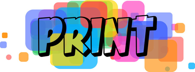 Stylized black outlined text PRINT sits centered amidst a cheerful scattering of vivid rounded squares © designboundary