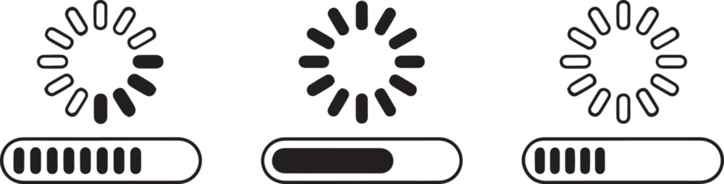 Loading animation icons, progress bar symbols, circular buffering graphics, vector set
