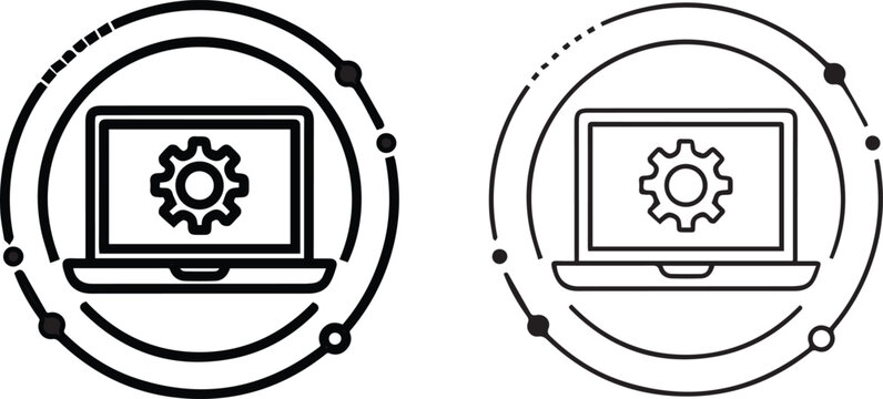 Gear icons, laptop settings, technical symbols, black line illustrations, web development concepts