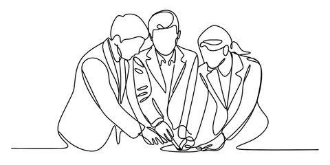 Obraz premium Continuous line drawing of three business people collaborating and working together on a project.