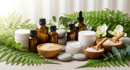 Fototapeta premium Natural skincare and spa products with essential oils and botanicals on wooden tray