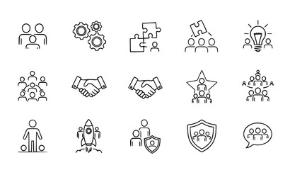 Fototapeta premium Collection of 14 line icons depicting teamwork collaboration and business concepts
