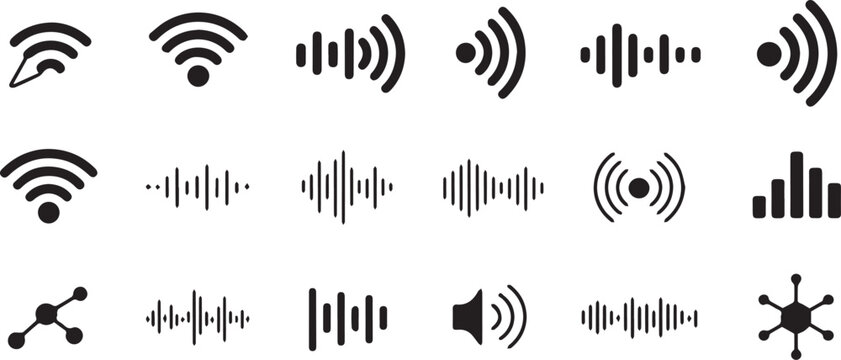Sound wave, audio signal, wireless icons, 16 symbols, vector graphics