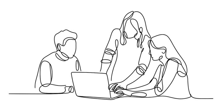 One line drawing of a creative team collaborating on a project using a laptop at a shared desk.