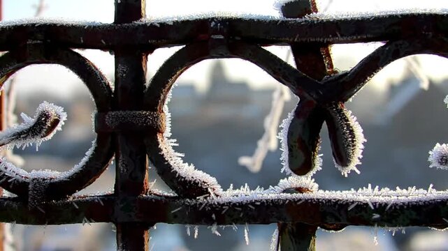 Close-up of frost-covered metal fence in winter sunlight.