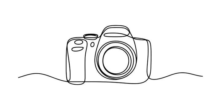 Continuous one line drawing of a professional digital slr camera on white background