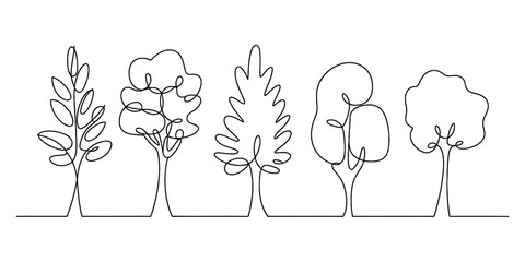 Minimalist one line drawing of various tree types including deciduous and coniferous species © Bobita