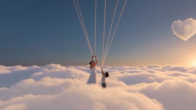 Couple paragliding above fluffy white clouds at sunrise with heart shaped cloud