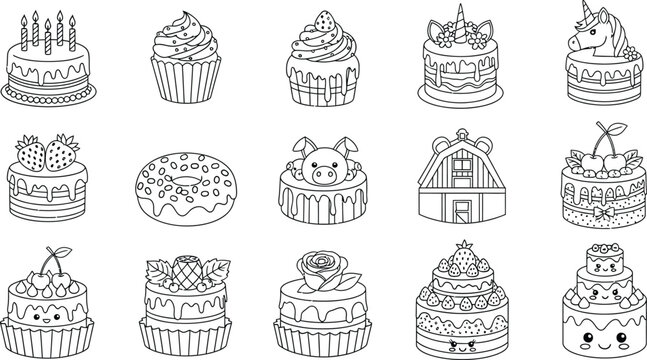 A set of black and white line art illustrations of various decorated cakes and cupcakes