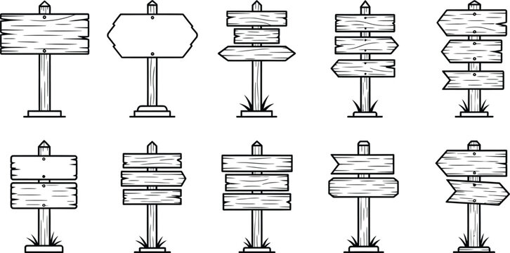 A set of wooden signposts with multiple directional signs in a minimalist line art style