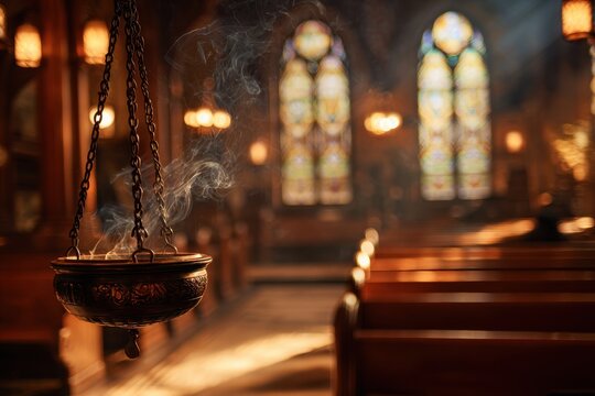Church interior with a metal censer releasing incense smoke in warm ambient light