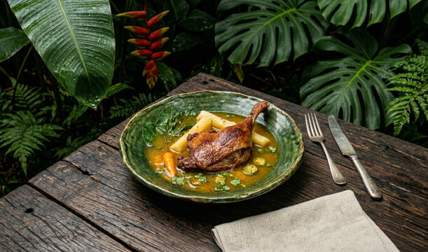 Duck leg confit in tucupi sauce with jambu, cassava, and yellow pepper, served on a handcrafted plate at a rustic wooden table, with a tropical forest backdrop