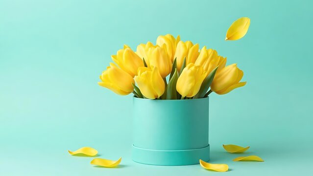 Yellow Tulips Bouquet in Turquoise Hat Box with Falling Petals Minimalist Spring Concept on Mint Background