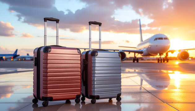 Two suitcases on the airport tarmac with a commercial airplane during sunset. Travel, vacation and transportation concept.