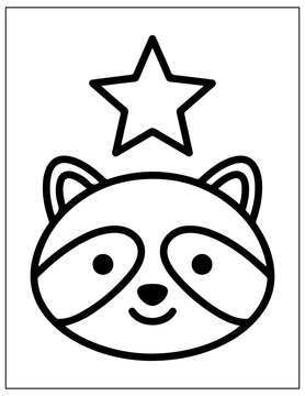 Raccoon face icon, cute cartoon animal, black line art, simple illustration