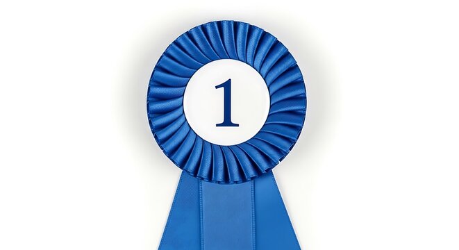 A blue rosette with the number 1 in the center. Ribbon streamers hang down on white