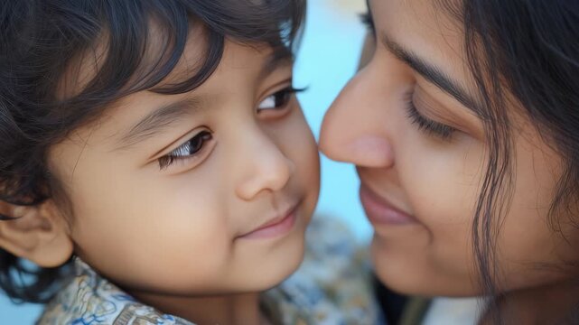 A heartwarming portrait shows a mother and her son sharing a close, affectionate moment. The boy's happy face and the mother's gentle touch highlight the warmth of their bond
