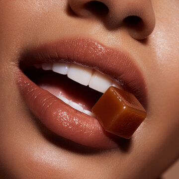 close up of lips with caramel candy