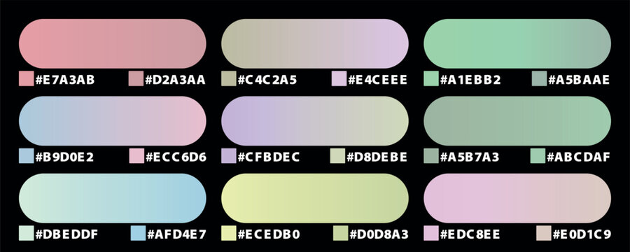 Pastel gradient color palette set with hex codes, soft aesthetic swatches for UI design, 9 professional color schemes for branding and web development