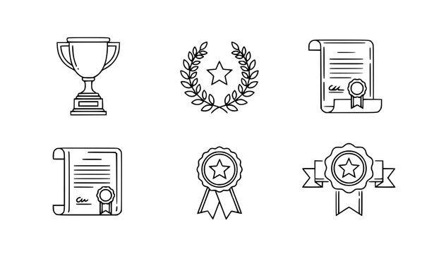 Minimal line awards icon collection vector with trophy, laurel badge, certificate, star medal, ribbon seal