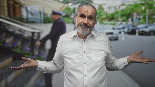 Man shrugs palms up on a street in front of parked cars, palms open and shoulders raised; uncertainty acceptance.