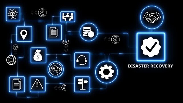 Disaster recovery system with backup data protection and infrastructure restoration workflow for business continuity and risk management solutions 4k visuals