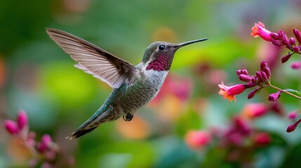 Obraz premium Close-up of a hummingbird in mid-flight with blurred wings near vibrant blossoms