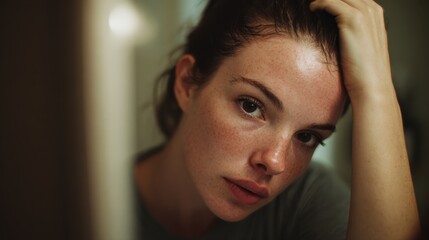 Fototapeta premium Close-up of a worried young woman examining her scalp in natural morning light