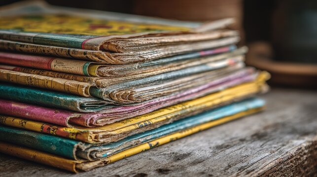 Close-up of a stack of old magazines bathed in warm natural light, textured paper and retro charm