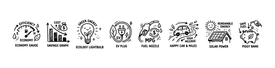 Naklejka premium A set of hand-drawn doodle icons representing eco-friendly driving, renewable energy, fuel savings, and sustainable green technology concepts.