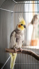 Obraz premium Cockatiel perched on a branch inside a cage