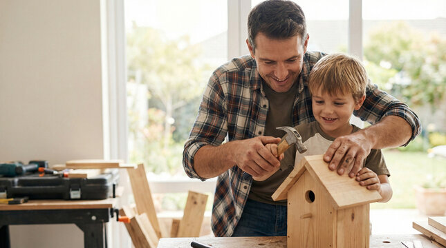 Father and son building a wooden birdhouse concept of Father's Day  