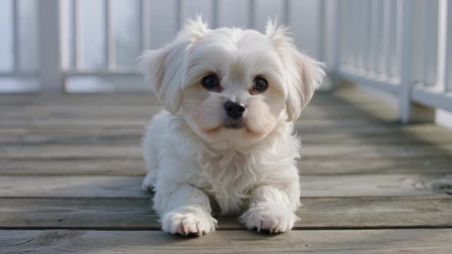 A small white dog lies on a wooden deck looking directly ahead.