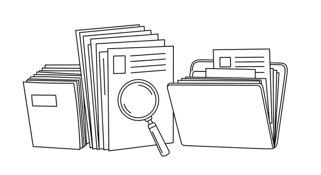 line drawing of office folders and magnifying glass.