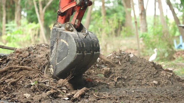 Excavator digging construction soil bucket metal outdoor machinery leaf forest scene with excavator bucket digging soil in forest environment using metal machinery tools over leaf covered ground