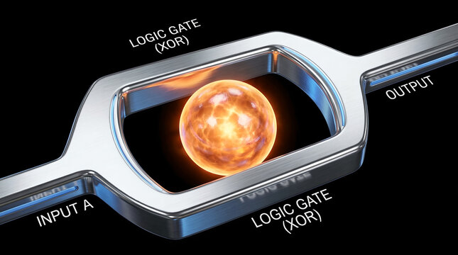 Modern logic gate with glowing orange orb and metallic finish