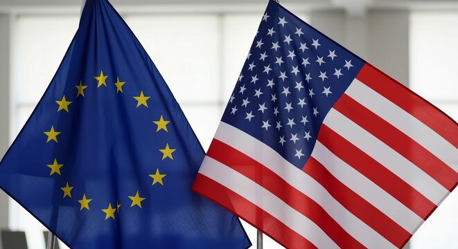 International Trade Relations with Flags of the USA and European Union During Diplomatic Talks